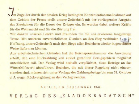 letzte Verlautbarung der Redaktion des Kladderadatsch 1944 ... Quelle - Digitales Archiv der Bibliothek der Universität Heidelberg